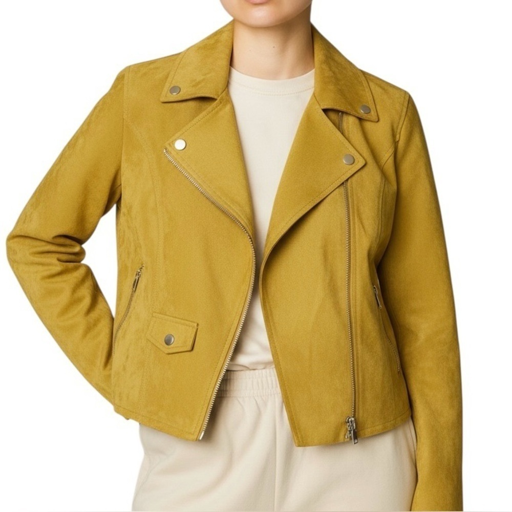 Philosophy mustard yellow faux suede open blazer Silver tone accents Women L